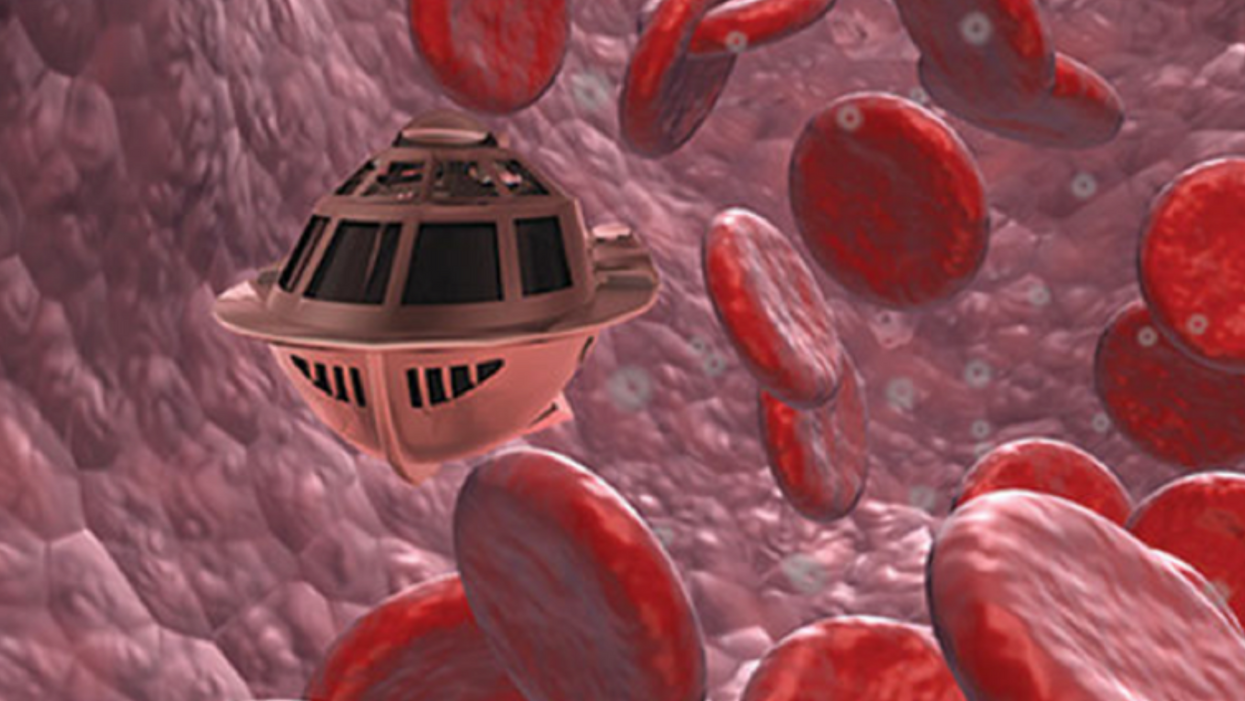 Movie still from the 1966 film "Fantastic Voyage" depicting a shrunken submarine amid red blood cells